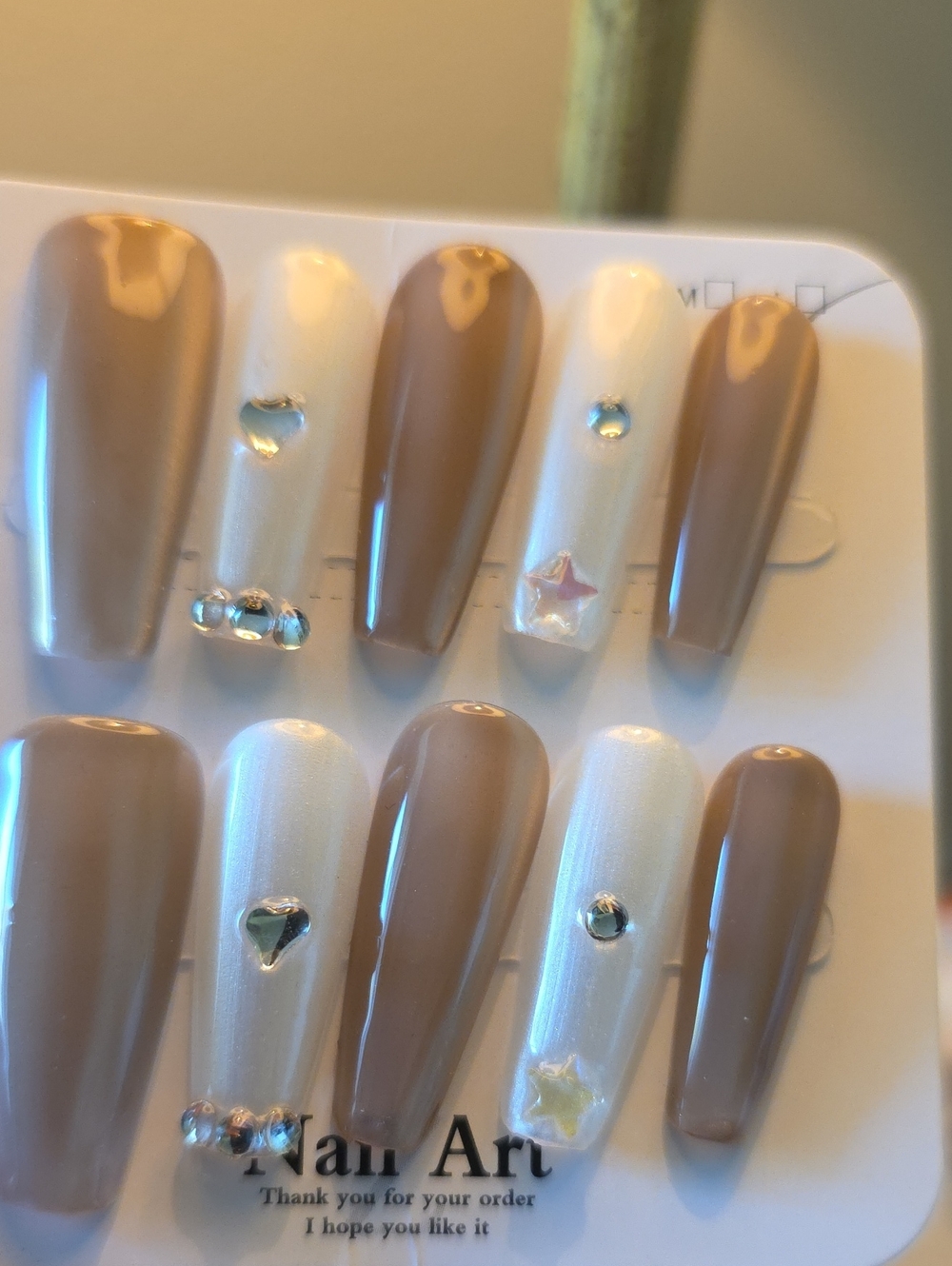 Taupe and Pearlescent White Press-On Nail Set with Rhinestones Size Large